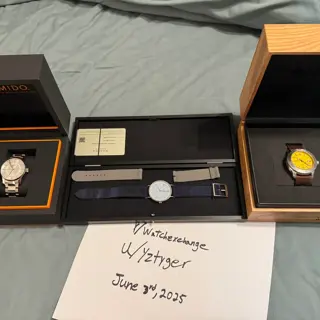Nomos Tangente 38 Frostblau LE, Christopher Ward Trident Pro 600 LE, Mido Belluna GMT.