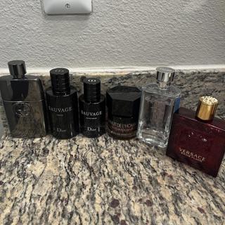 Prada L’Homme L’Eau Puig, Dior Sauvage Parfum and EDP, YSL LNDL EDP, Gucci Guilty Parfum, Versace Eros Flame (Bottle)