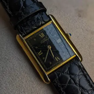 Must de Cartier Tank Black Gold Spider Dial - Ref. 590005 - '1990's ' Gold Plated Onyx Crown cal 925 Vermeil