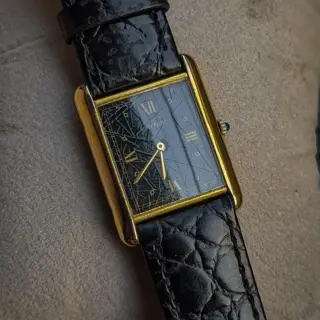 Must de Cartier Tank Black Gold Spider Dial - Ref. 590005 - '1990's ' Gold Plated Onyx Crown cal 925 Vermeil