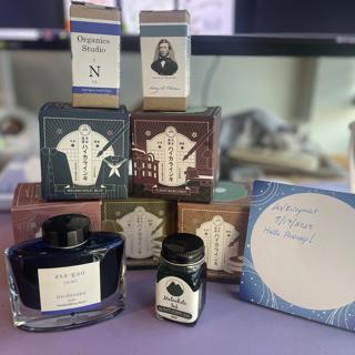 Teranishi Guitar Inks, Pilot Iroshizuku Asagao, Monteverde, Organic Studios Nitrogen and ink freebies with purchase