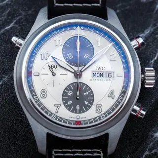 IWC Pilot’s Watch Spitfire Double Chronograph 44mm Silver Dial IW371806 on Santoni Crocodile Leather Strap