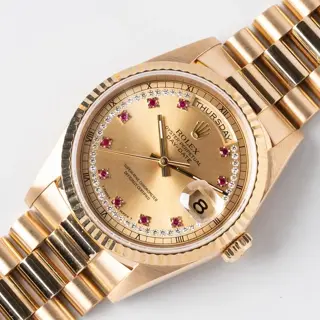 1994 Rolex Day-Date 18238 Champagne Ruby Diamond String Dial with Service Papers