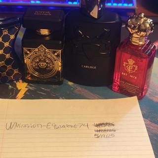 Clive Christian Crab Apple Blossom, Bond No. 9 Nomad, PDM Carlisle, Initio OFG tester (bottle)