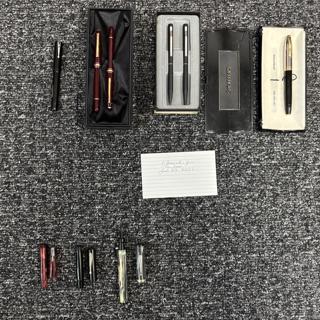 Montblanc 144 Bordeaux Set (M), Sheaffer PFM I (F), Esterbrook Dollar Fountain Pen (F), Sheaffer Steel Ballpoint and Pencil Set, (SOME OLD PENS FOR PARTS TOO)