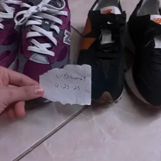 New Balance 992 Maroon $115 and 327 Black/Orange $60