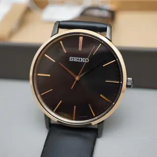 New Seiko Selection SCXP078 Gold Feather Reissue Black Rose Gold Quartz Watch - $190