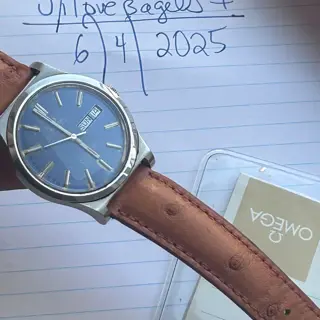 OMEGA GENEVE BLUE DIAL * rare * 1970s box and papers w ostrich strap
