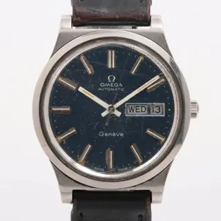 OMEGA GENEVE BLUE DIAL * rare * 1970s box and papers w ostrich strap