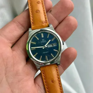 OMEGA GENEVE BLUE DIAL * rare * 1970s box and papers w ostrich strap