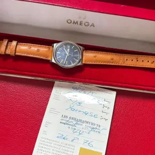 OMEGA GENEVE BLUE DIAL * rare * 1970s box and papers w ostrich strap