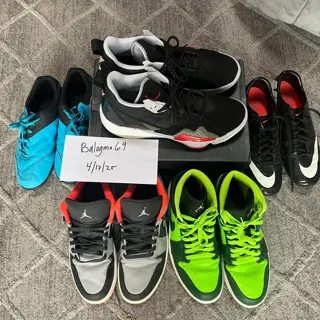 like new Jordan Zoom ‘92, size 10.5 [$50 shipped], used good Jordan 1 Hulk, size 10 [$100 shipped], Used good Air Jordan 1 low wolf grey infrared, size 10 [$60 shipped], Nike Bomba indoor soccer, size 10.5 [$40 shipped], Nike Mercurial soccer cleats, size 10.5 [$60 shipped]