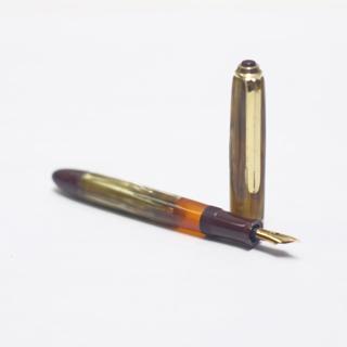 1950s Greif piston filling golden brown Celluloid pen W/ 14k f nib