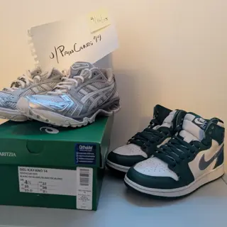 GS Jordan 1 Gorge Green Sz4Y, Wmns Asics x Aritzia Gel Kayano 14 Sz4.5