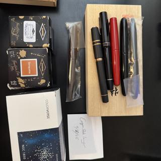Inks & Urushi Pens - Nakaya Writer Piccolo Shu (Red) <Elastic Fine>; Nakaya Writer Kuro Roiro (Black) <Fine>; Leonardo Dodici Black Gloss <Bold> ; Visconti Homo Sapiens Bronze Age <Bold>; Platinum Izumo Aka Tame <F>; Platinum Izumo Tagayasan <M>; Colorverse & Diamine Inks (iridescink)