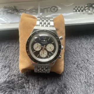 Timex Q Chronograph Reverse Panda with Straphabit's Beads of Rice Bracelet $129