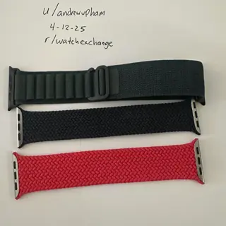 Apple Watch Bands - Dark Green Alpine Loop (M), 40mm Braided Midnight Solo Loop (Size 4), 45mm Product Red Braided Solo Loop (Size 4)
