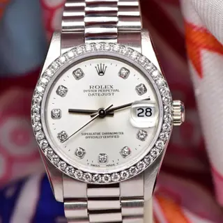 1991 Midsize Rolex Datejust President 31mm 18k WG Factory Diamonds 68289 Watch