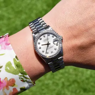 1991 Midsize Rolex Datejust President 31mm 18k WG Factory Diamonds 68289 Watch