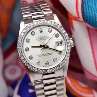 1991 Midsize Rolex Datejust President 31mm 18k WG Factory Diamonds 68289 Watch