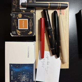 Inks & Grail Pen Destash - Nakaya Writer Piccolo Shu (Red) <Elastic Fine>; Nakaya Writer Kuro Roiro (Black) <Fine>; Sailor Urushi Iro Miyabi Usuko White <M>; Leonardo Dodici Black Gloss <Bold> ; Visconti Homo Sapiens Bronze Age <Bold>; Colorverse Eye on Universe & Diamine Inks (iridescink)