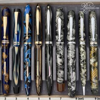 VINTAGE • Flexible Writers in Colorful Celluloids from the 1930s-50s: Paker HYP Clone | Diamond Point | Parker True Blue | Sheaffer Balances in Blue, Brown, and Grey | WASP Birdseye Twist-Filler, Birdseye Set, Lizard Vacuum-Filler Set •