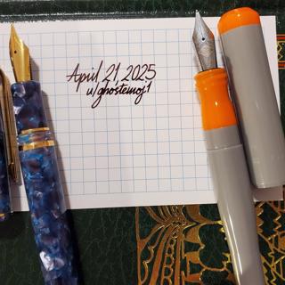 Esterbrook Estie Blue Moon (Rerelease) w/ Medium Jowo nib [B], Franklin-Christoph 02 Intrinsic in Grey w/ Orange Finial/Section & Broad F-C nib [B]