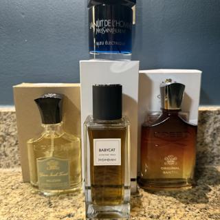 YSL & CREED - Babycat, LNDL Bleu Electrique; 2010 Green Irish Tweed, Original Santal (Bottle)