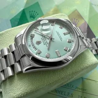 36mm Rolex Platinum President 118206 Glacier Blue Dial – Serviced - Box + Papers