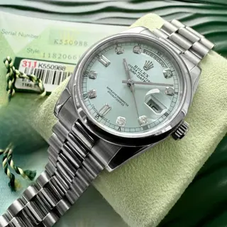 36mm Rolex Platinum President 118206 Glacier Blue Dial – Serviced - Box + Papers