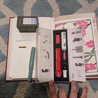 starter pens, ink, loose vintage gold nib