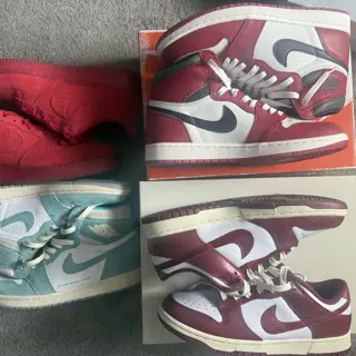 Jordan 1 Lost and Found size 9.5 DS Laced, Jordan 1 Turbo Green used 10.5, Nike Dunk Vintage Red used 11w, Nike Air Force 1 red suede used 10.5