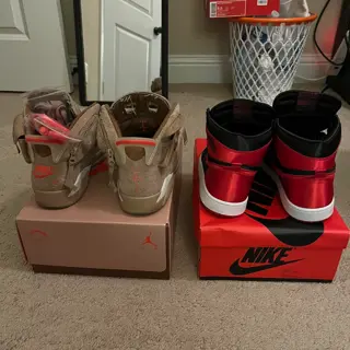 British khaki cactus jack 6 sz 9.5 m (lightly used) Satin Bred AJ 1 sz 9.5 m, women’s 11( VNDS) Need em both gone ASAP 300 including shipping if you buy both OBO.
