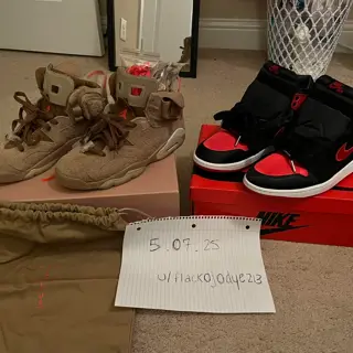 British khaki cactus jack 6 sz 9.5 m (lightly used) Satin Bred AJ 1 sz 9.5 m, women’s 11( VNDS) Need em both gone ASAP 300 including shipping if you buy both OBO.
