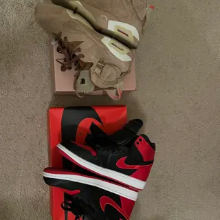 British khaki cactus jack 6 sz 9.5 m (lightly used) Satin Bred AJ 1 sz 9.5 m, women’s 11( VNDS) Need em both gone ASAP 300 including shipping if you buy both OBO.