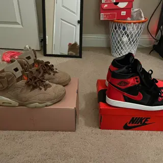 British khaki cactus jack 6 sz 9.5 m (lightly used) Satin Bred AJ 1 sz 9.5 m, women’s 11( VNDS) Need em both gone ASAP 300 including shipping if you buy both OBO.