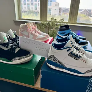 All used - Jordan 3 “Pine Green” (9.5), Jordan 3 “Washington Wizards”, (9.5), Jordan 1 “UNC Toe” (9.5), Jordan 1 “Washed Pink” (10.5) - $110/each