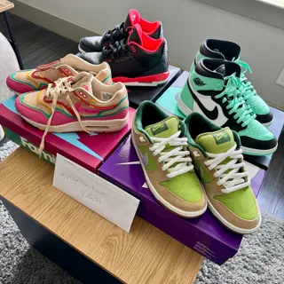 (Worn Once) - $110 - 2023 Air Max 1 'Familia' (9.5), (Used) - $120 - 2013 Air Jordan 3 Retro 'Crimson' (10), (DS) - $60 - Dunk Low Pro SB 'Escargot' (9.5), (Used) - $80 - 2024 Air Jordan 1 Retro High OG 'Green Glow' (10)