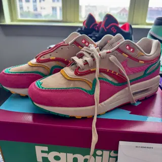 (Worn Once) - $110 - 2023 Air Max 1 'Familia' (9.5), (Used) - $120 - 2013 Air Jordan 3 Retro 'Crimson' (10), (DS) - $60 - Dunk Low Pro SB 'Escargot' (9.5), (Used) - $80 - 2024 Air Jordan 1 Retro High OG 'Green Glow' (10)